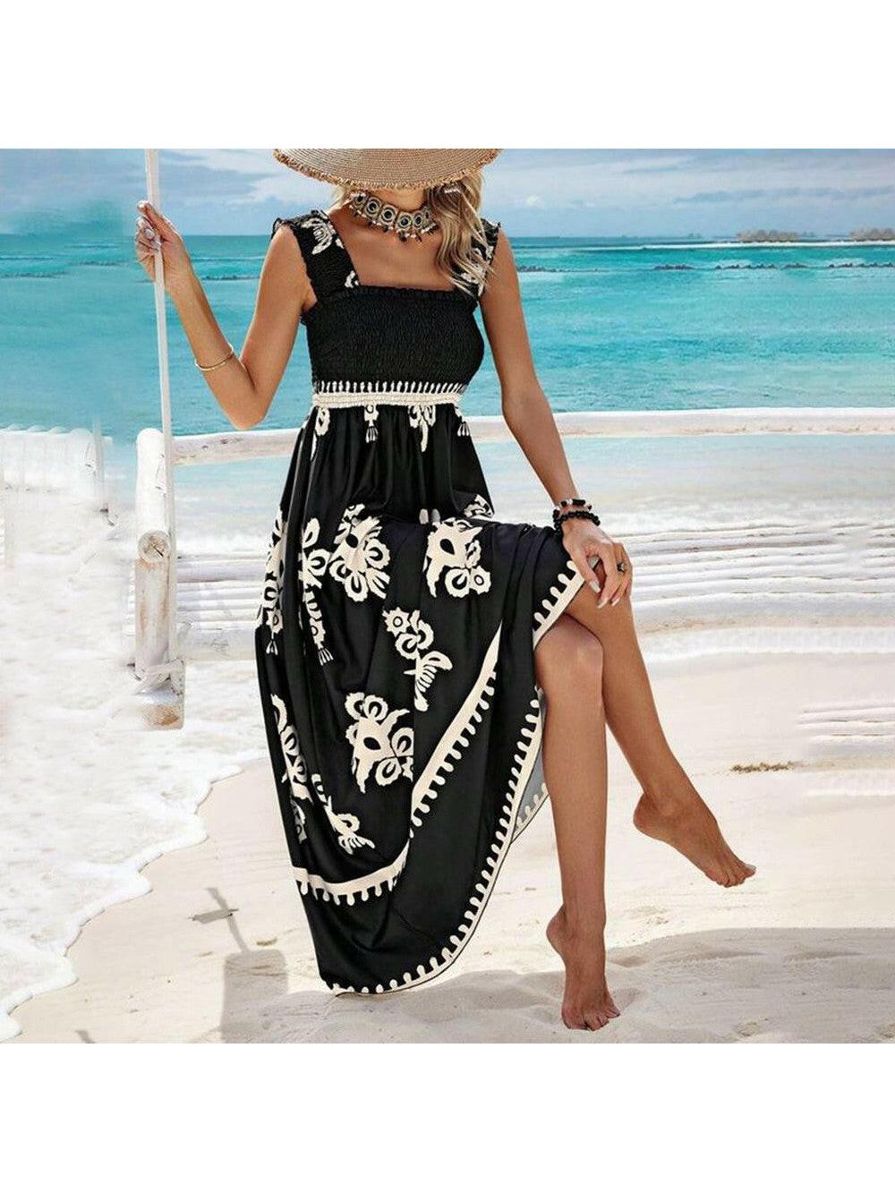 Nereza bohemian maxi dress women flowy silhouette square neckline bold intricate pattern festival style