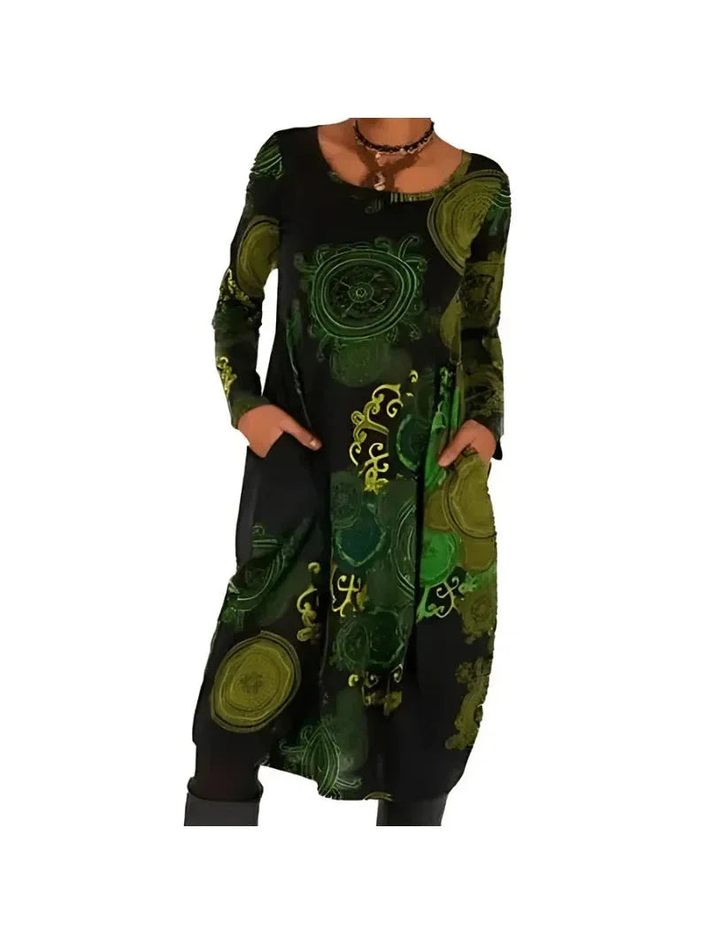 Nerina bold artistic printed midi dress relaxed fit long-sleeve creative pattern effortless comfort