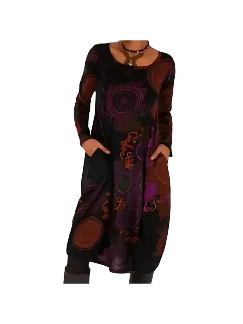 Nerina bold artistic printed midi dress relaxed fit long-sleeve creative pattern effortless comfort
