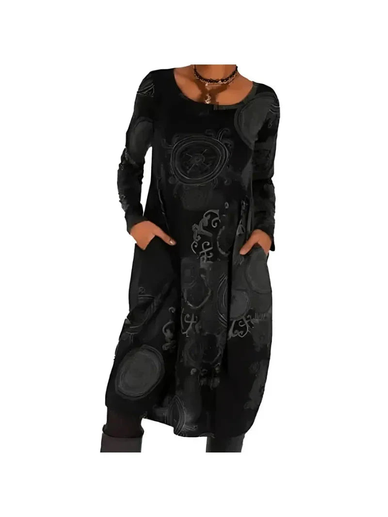 Nerina artistic printed midi dress relaxed fit long-sleeve bold creative pattern effortless comfort