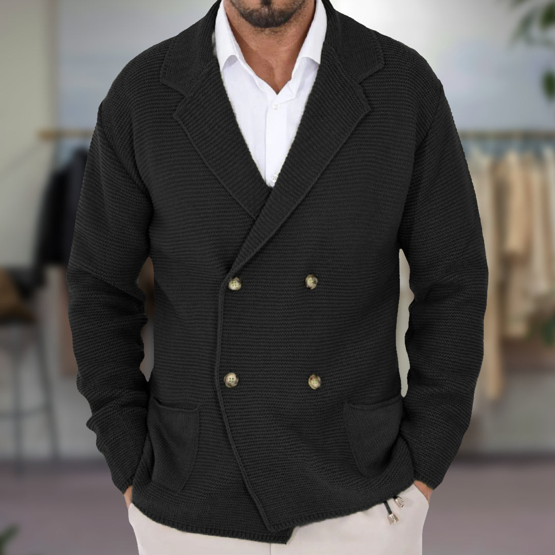 Men's double breasted knit blazer structured fit neutral tone casual smart button detail