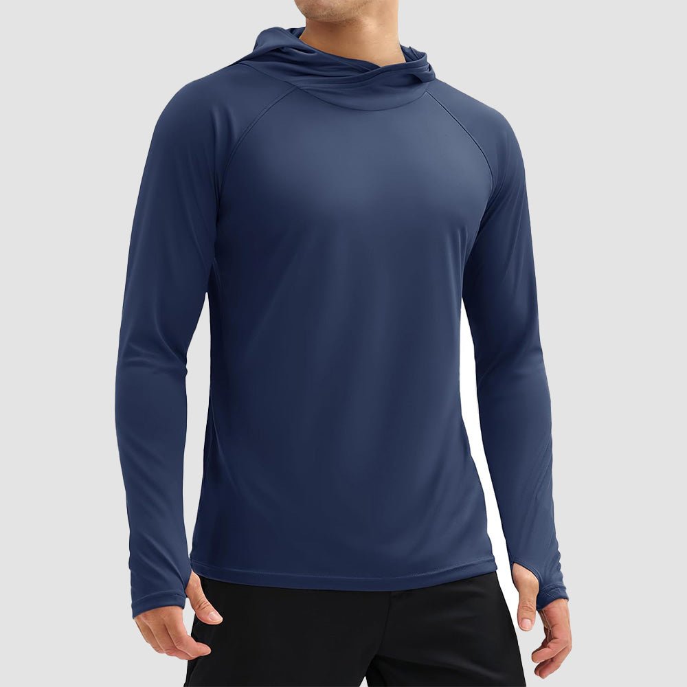Men's lightweight UPF 50+ sun hoodie shirt, quick-dry moisture-wicking polyester, slim outdoor fit