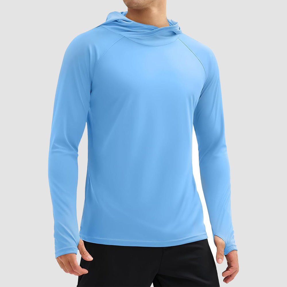 Men's lightweight UPF 50+ sun hoodie shirt, quick-dry moisture-wicking outdoor wear in neutral tone