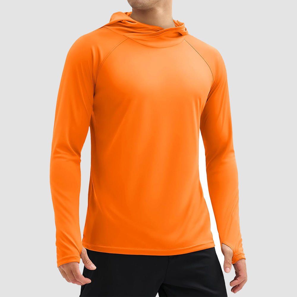Men's lightweight UPF 50+ sun hoodie shirt in quick-dry fabric, slim fit with UV protection for outdoor wear