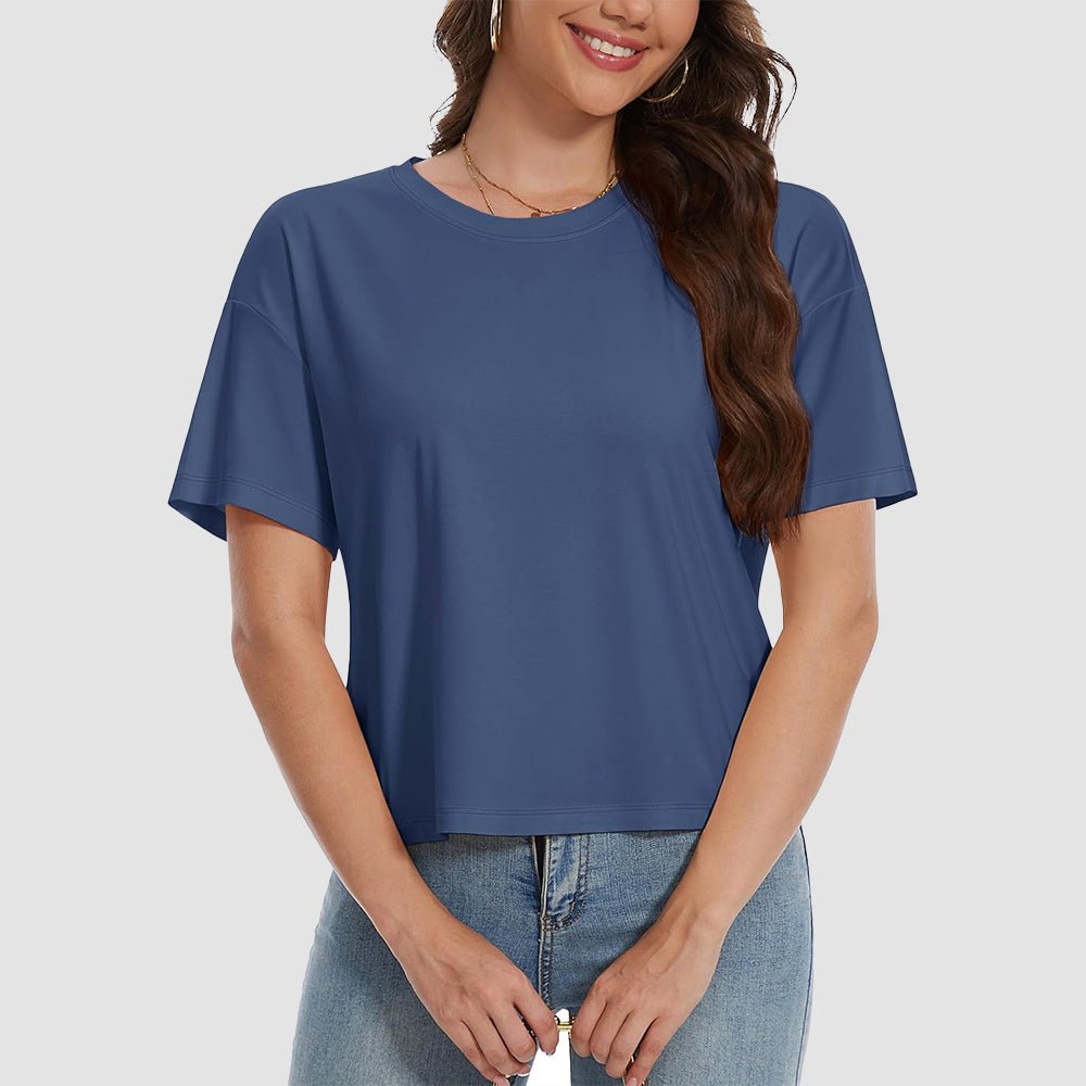 Women's white cotton crop top UPF 50+ moisture-wicking relaxed fit with sun protection