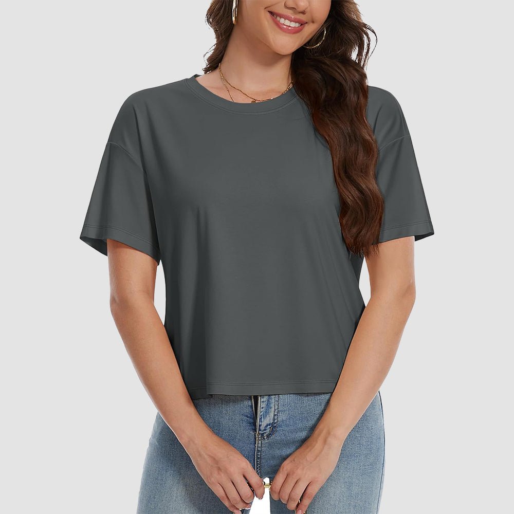 Women's white cotton crop top UPF 50+ moisture-wicking relaxed fit with lightweight breathable fabric