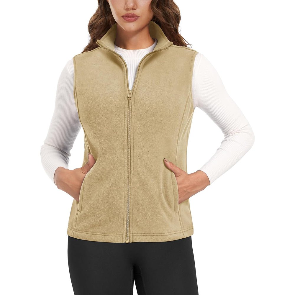 Women's lightweight fleece vest antistatic fabric stand-up collar 4 pockets warm layering piece