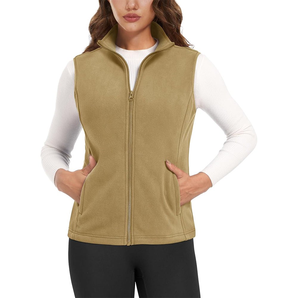 Women's lightweight fleece vest antistatic fabric stand-up collar 4 pockets warm layering piece