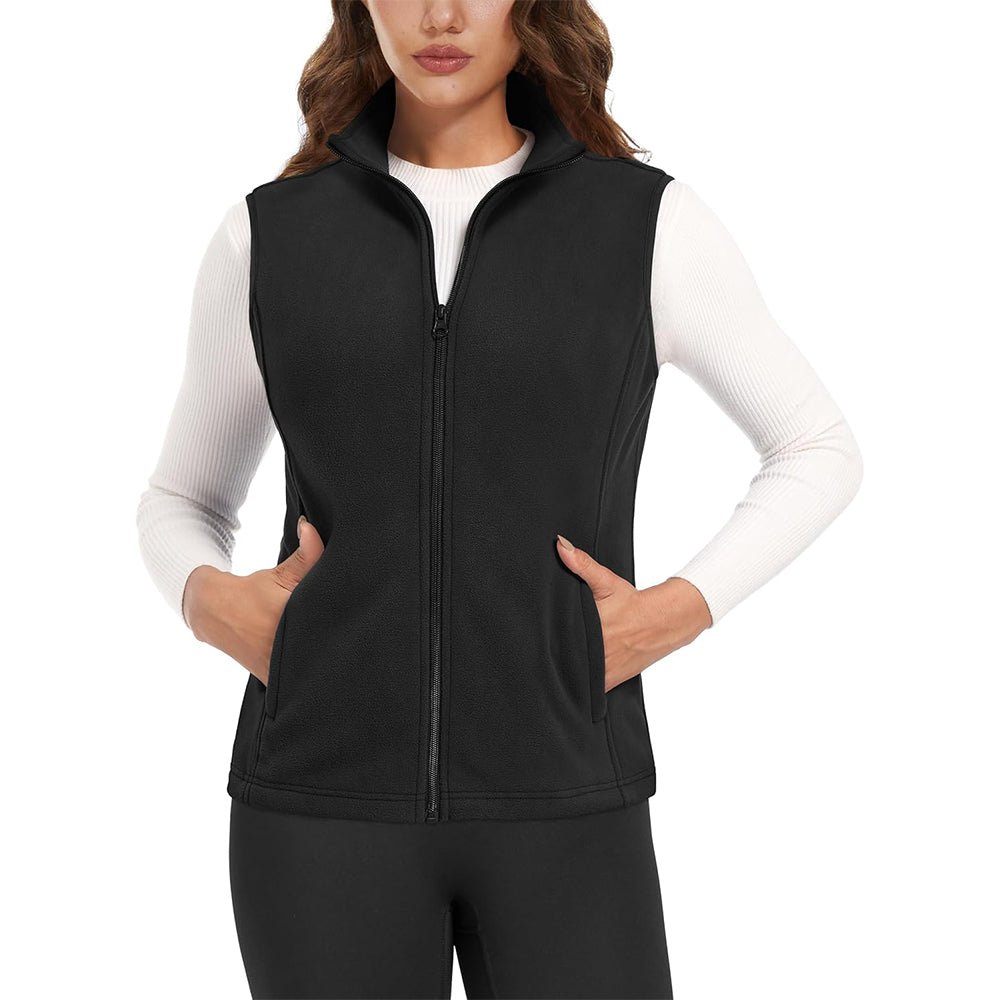 Women's lightweight fleece vest antistatic fabric stand-up collar 4 pockets warm layering piece