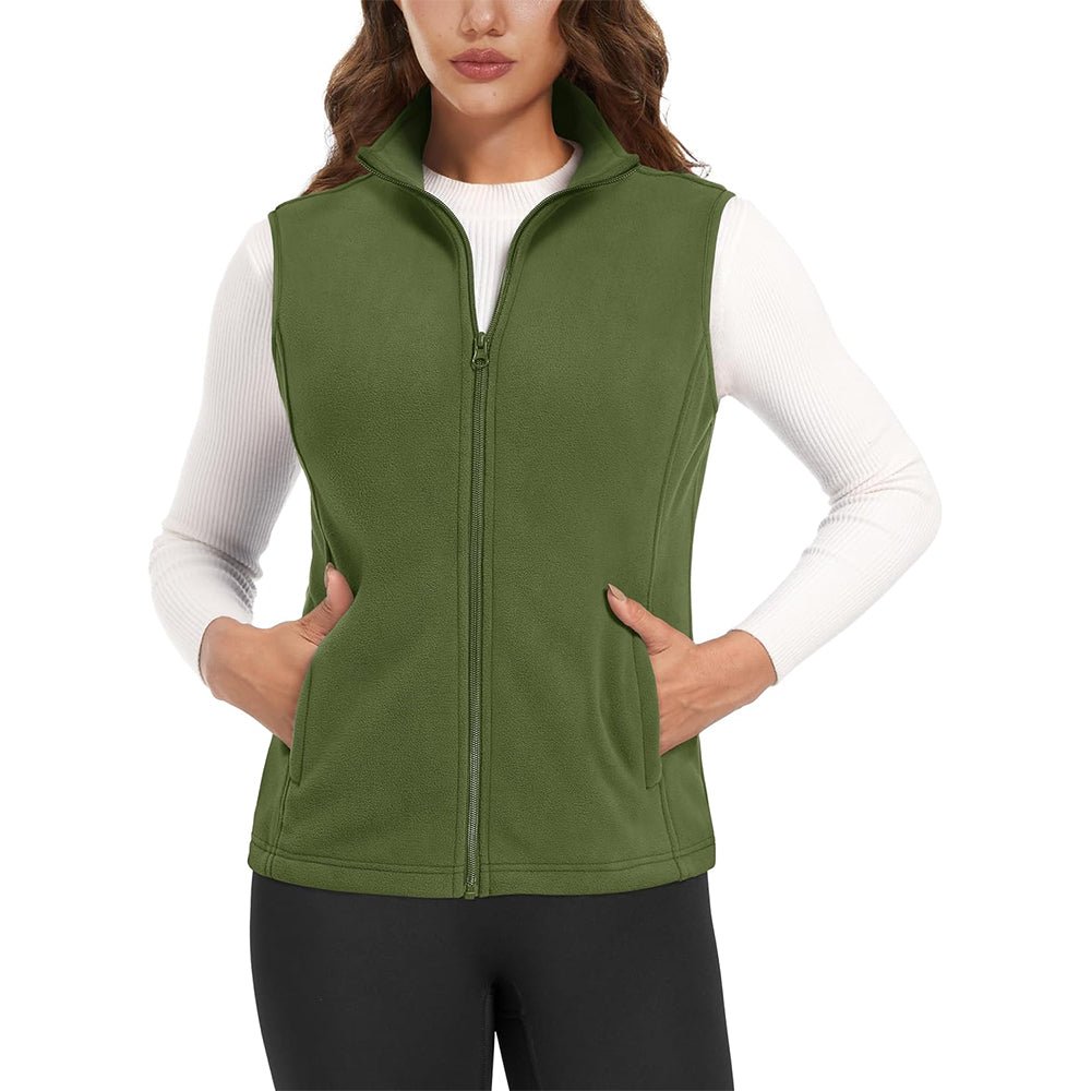 Women's lightweight fleece vest antistatic fabric stand-up collar 4 pockets warm layering piece