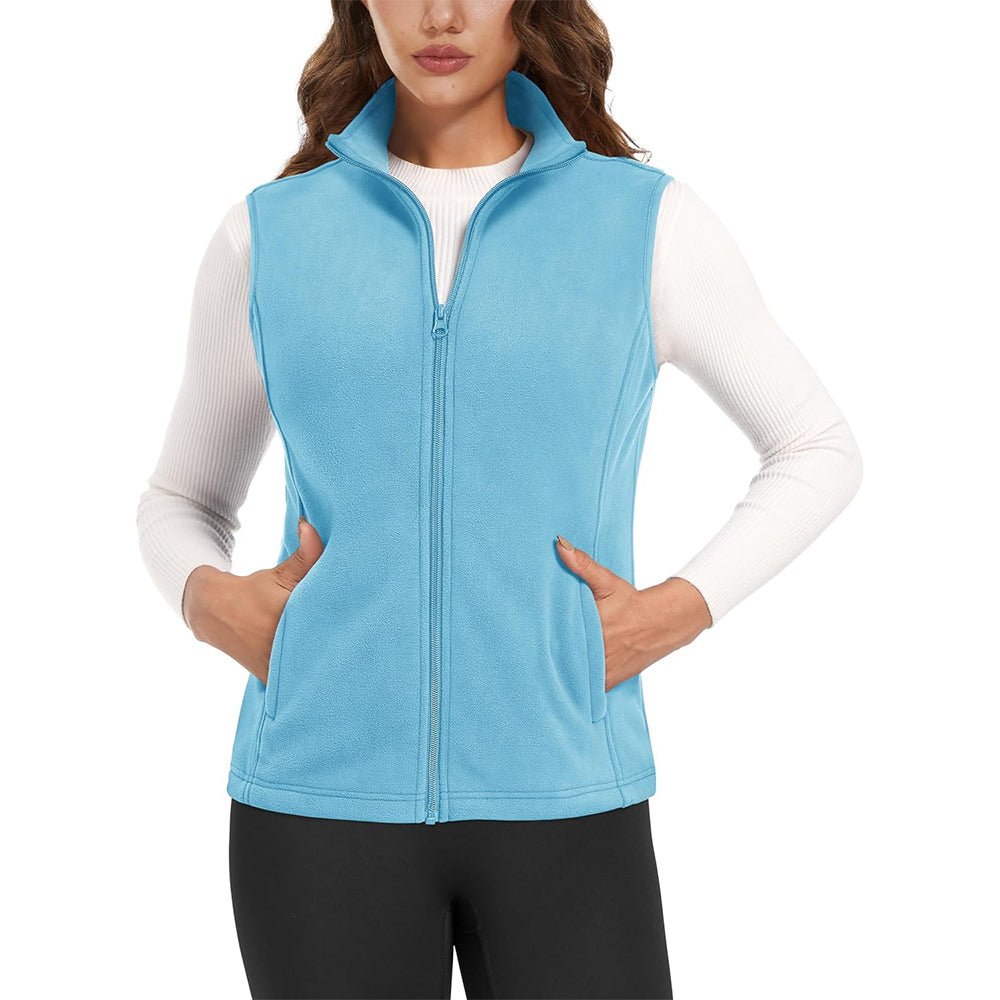 Women's lightweight fleece vest antistatic fabric stand-up collar 4 pockets warm layering piece
