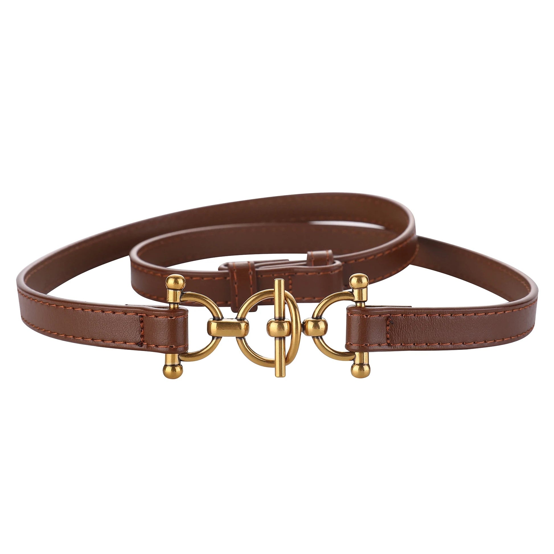 Women's genuine leather slim waist belt in black with brushed gold toggle buckle, minimalist style