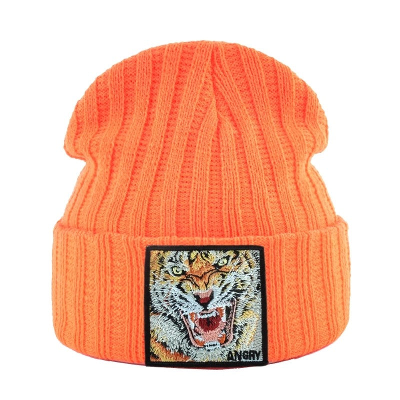 Black knit beanie with embroidered Predator patches, soft breathable fabric, one-size streetwear style