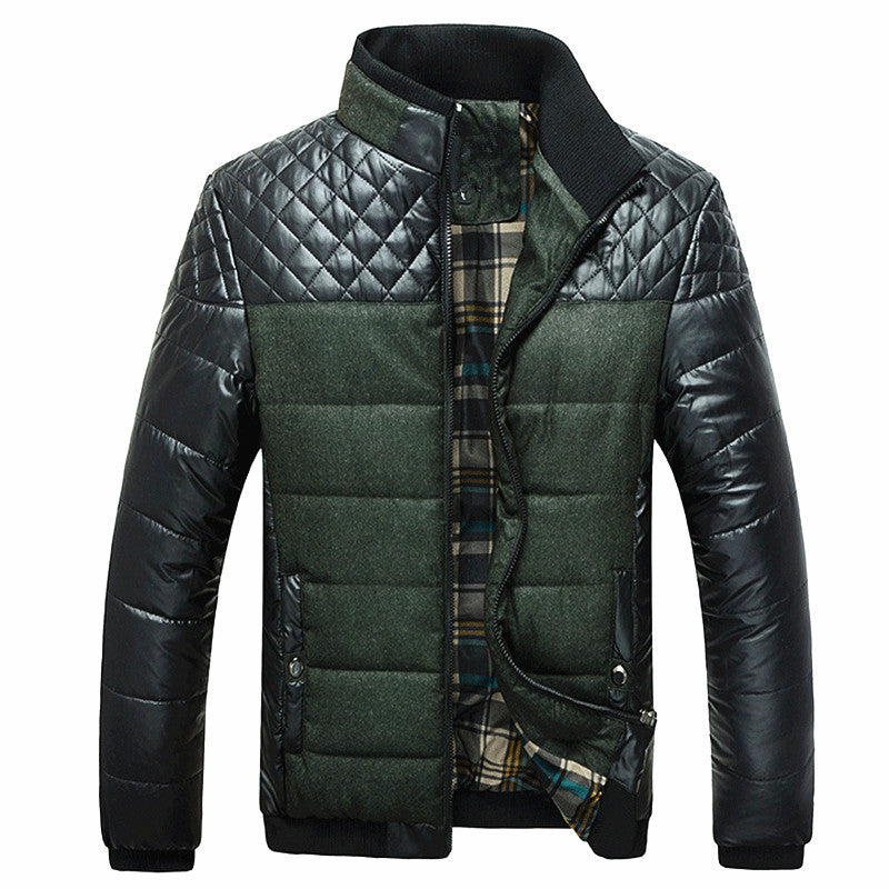 Men's olive quilted puffer jacket regular fit with ribbed cuffs and side pockets for winter warmth