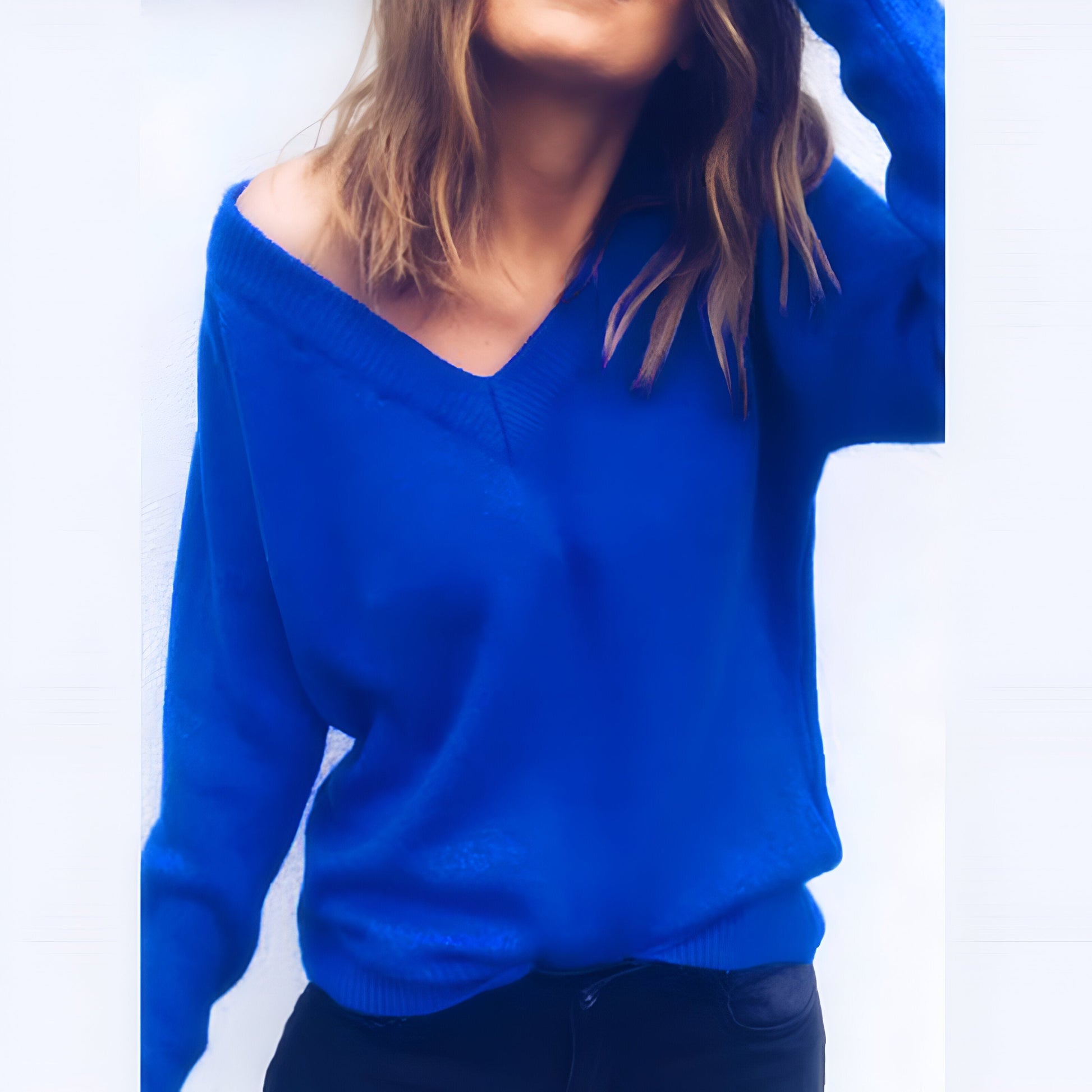 Women's loose fit V-neck knit sweater in soft neutral tones, all-season breathable comfort style