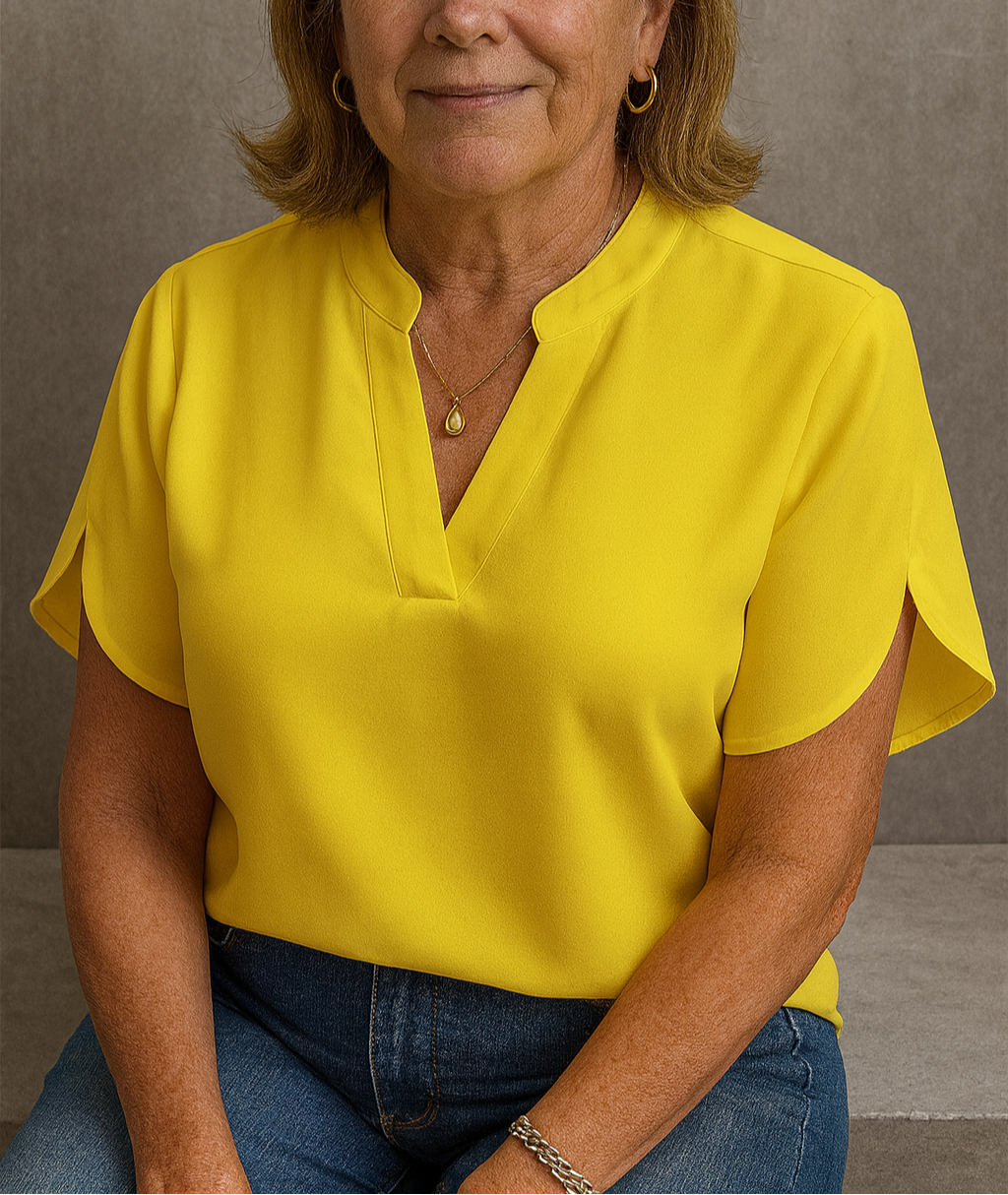 Women's lightweight flowy V-neck blouse with stand-up collar, breathable polyester everyday top