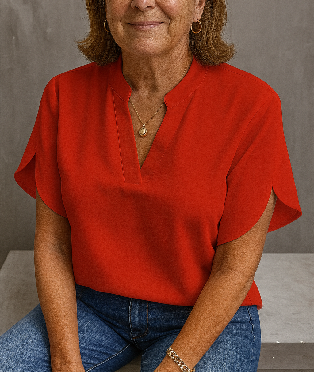 Women's lightweight flowy V-neck blouse with stand-up collar in breathable everyday polyester top