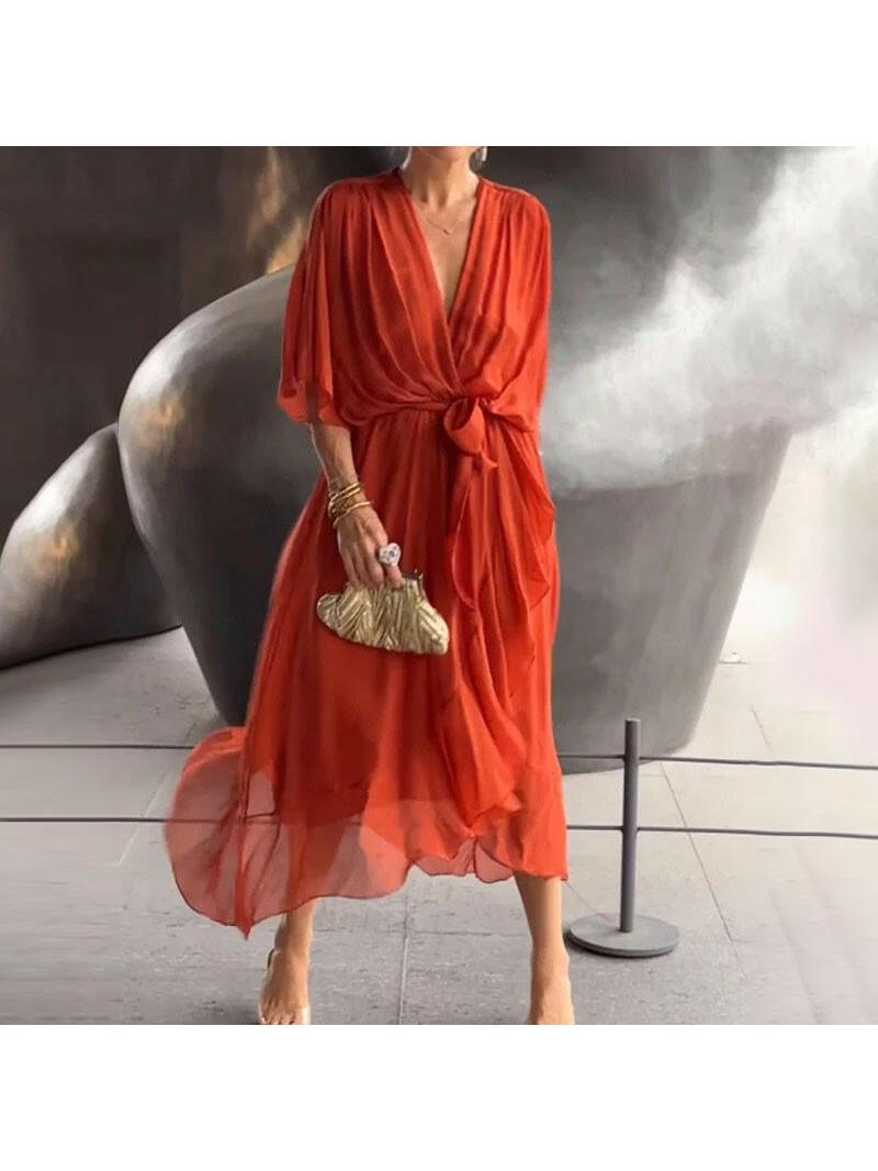 Plus size elegant midi dress deep V-neck waist-defining belt flattering curves formal style