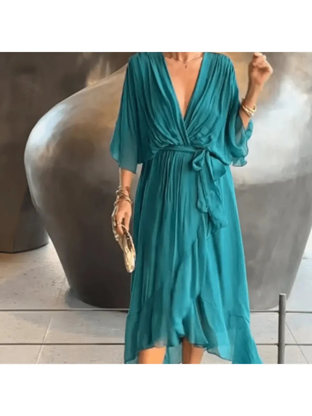Nicole plus size navy midi dress with deep V-neck, waist-defining belt, elegant flattering fit