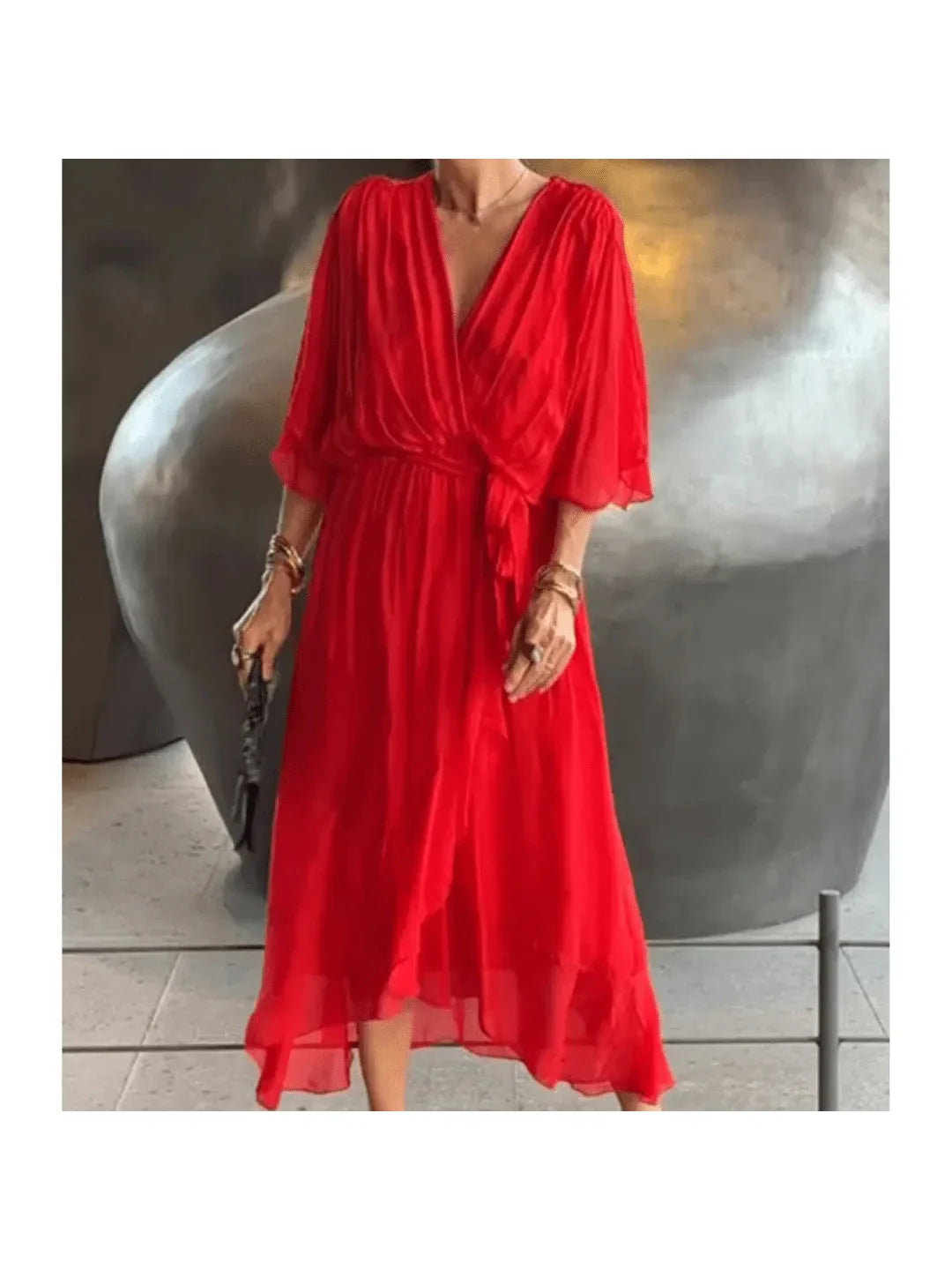 Plus size elegant midi dress deep V-neck waist-defining belt flattering curve-fit formal style