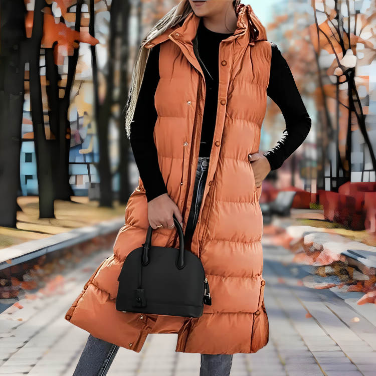 Women's padded long winter coat in casual chic style with thick insulation for layering versatility