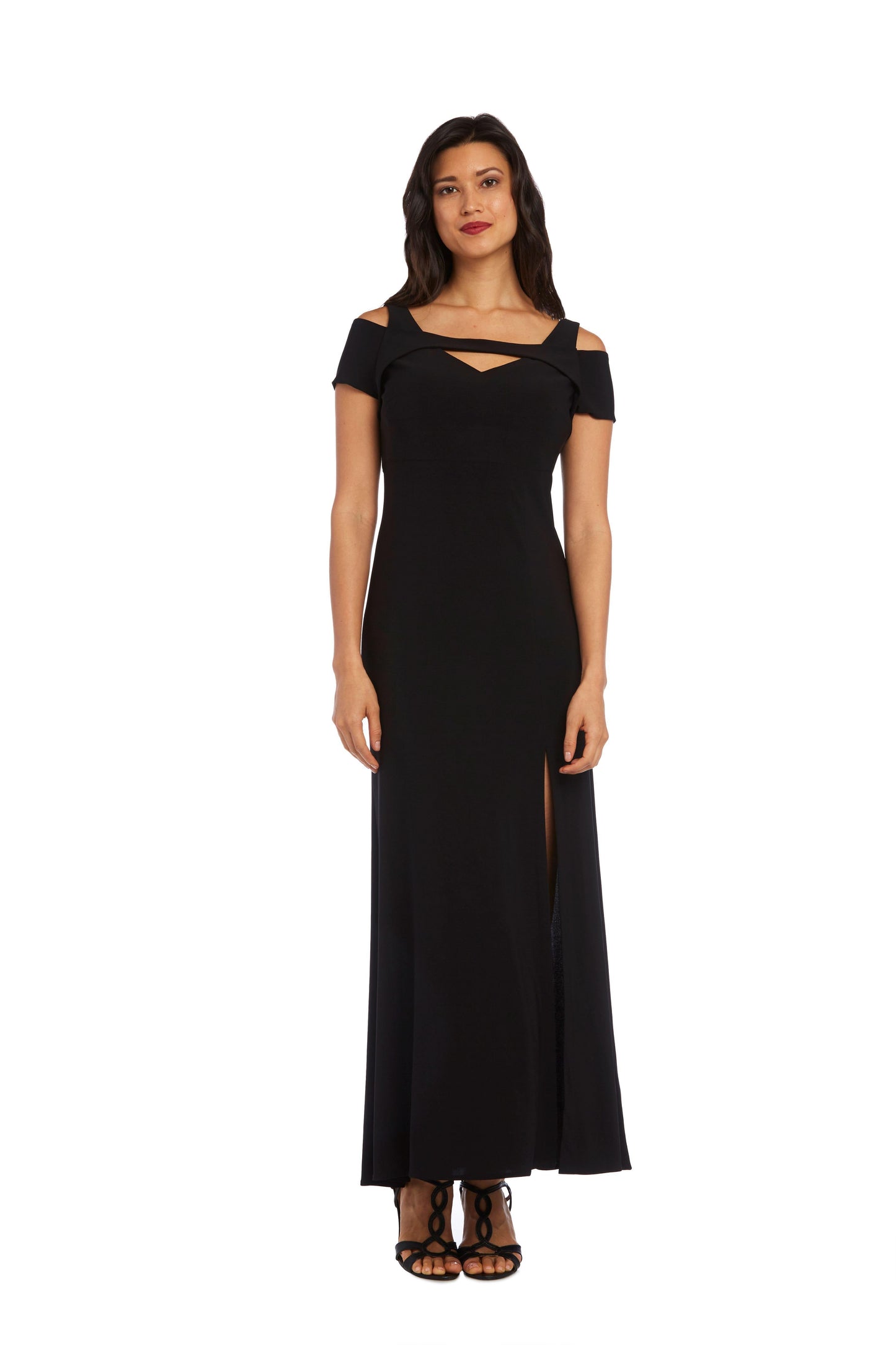 Nightway petite off-shoulder formal evening gown in elegant stretch fabric with high side slit floor-length