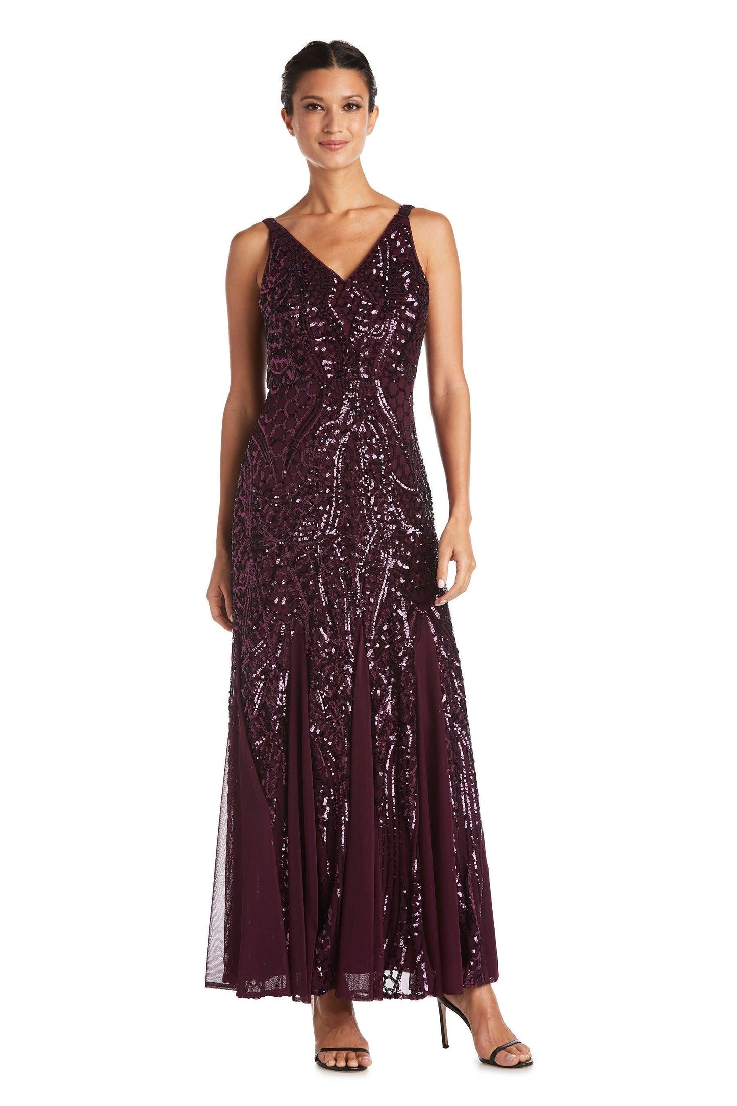 Petite sleeveless sequin formal gown in silver V-neck sheer back full-length glamorous dress