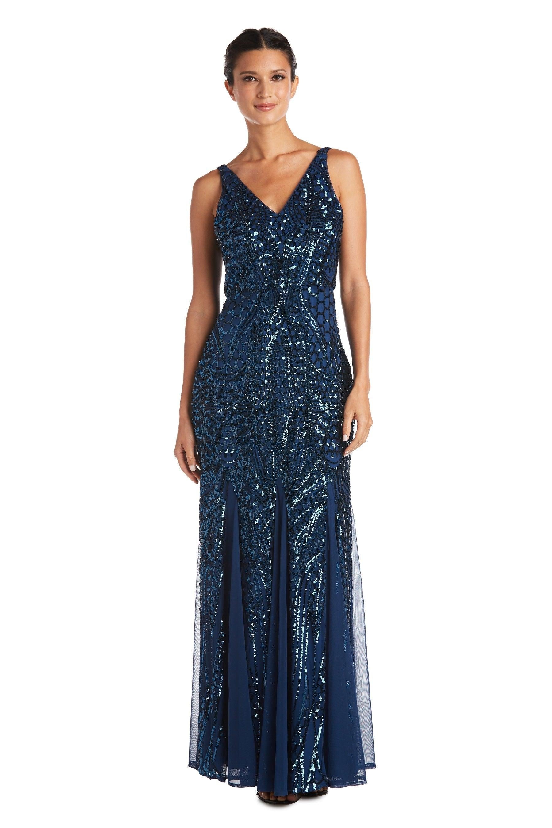 Petite sleeveless sequin formal gown in silver V-neck sheer back full-length glamorous dress