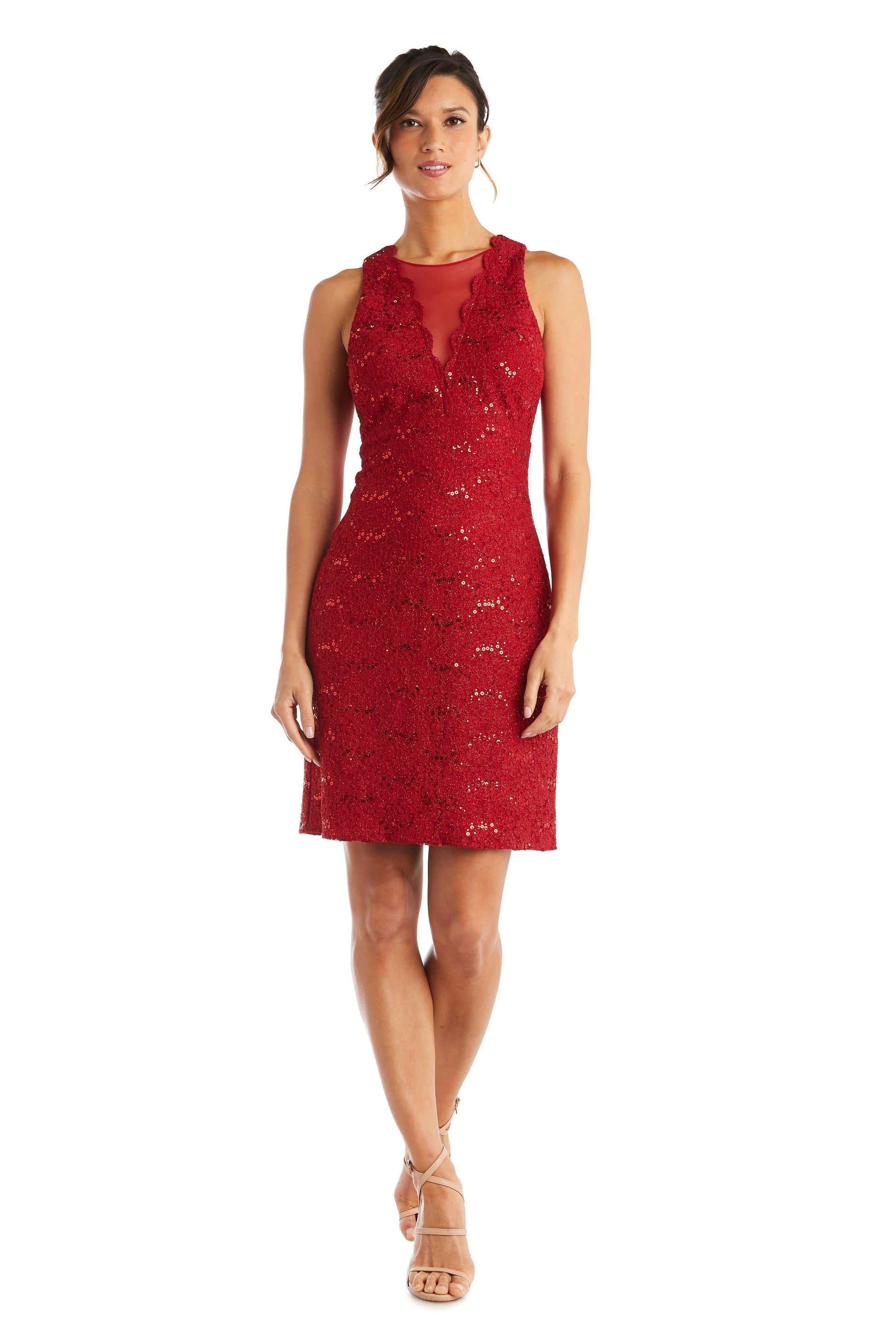 Nightway petite black lace cocktail dress sleeveless see-through neckline above-knee formal silhouette