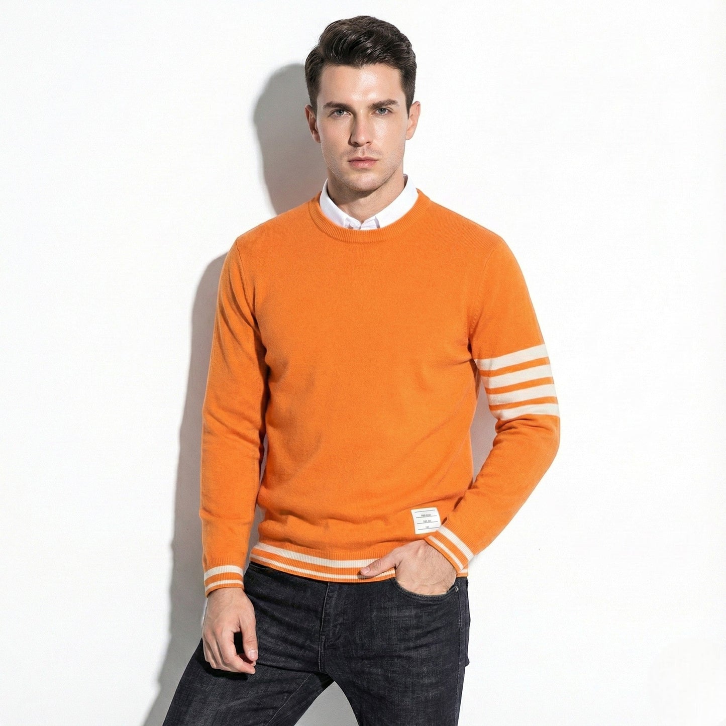Men's cotton knit sweater with sleeve stripe pattern, regular fit, sporty minimalist style for cool days