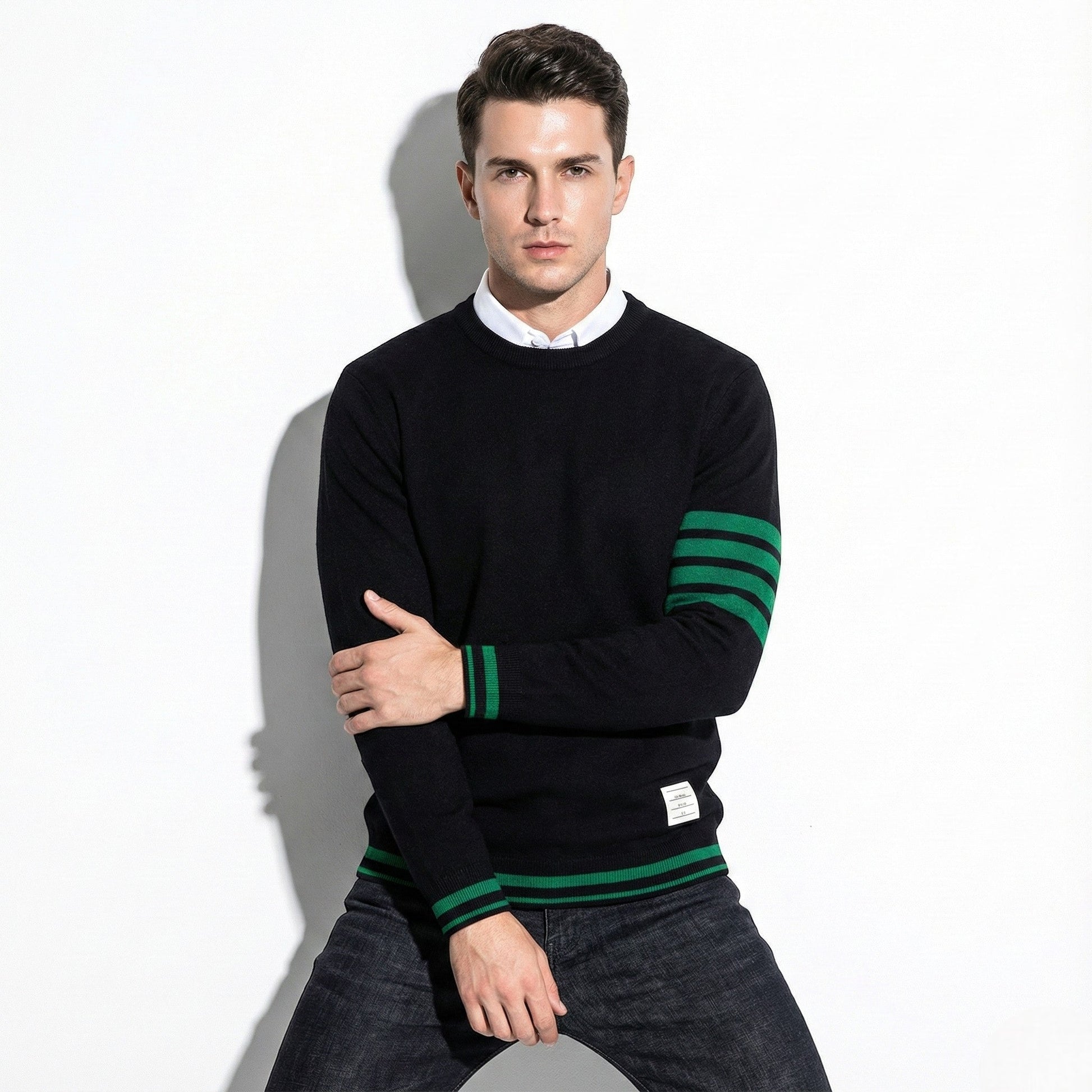Men's cotton knit sweater navy blue regular fit with sporty sleeve stripe pattern for cool days