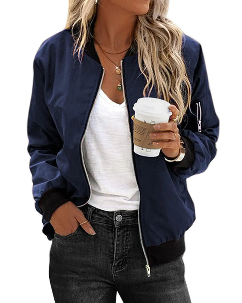 Women's lightweight bomber jacket with zipper closure, ribbed cuffs, sporty casual style for mid-season