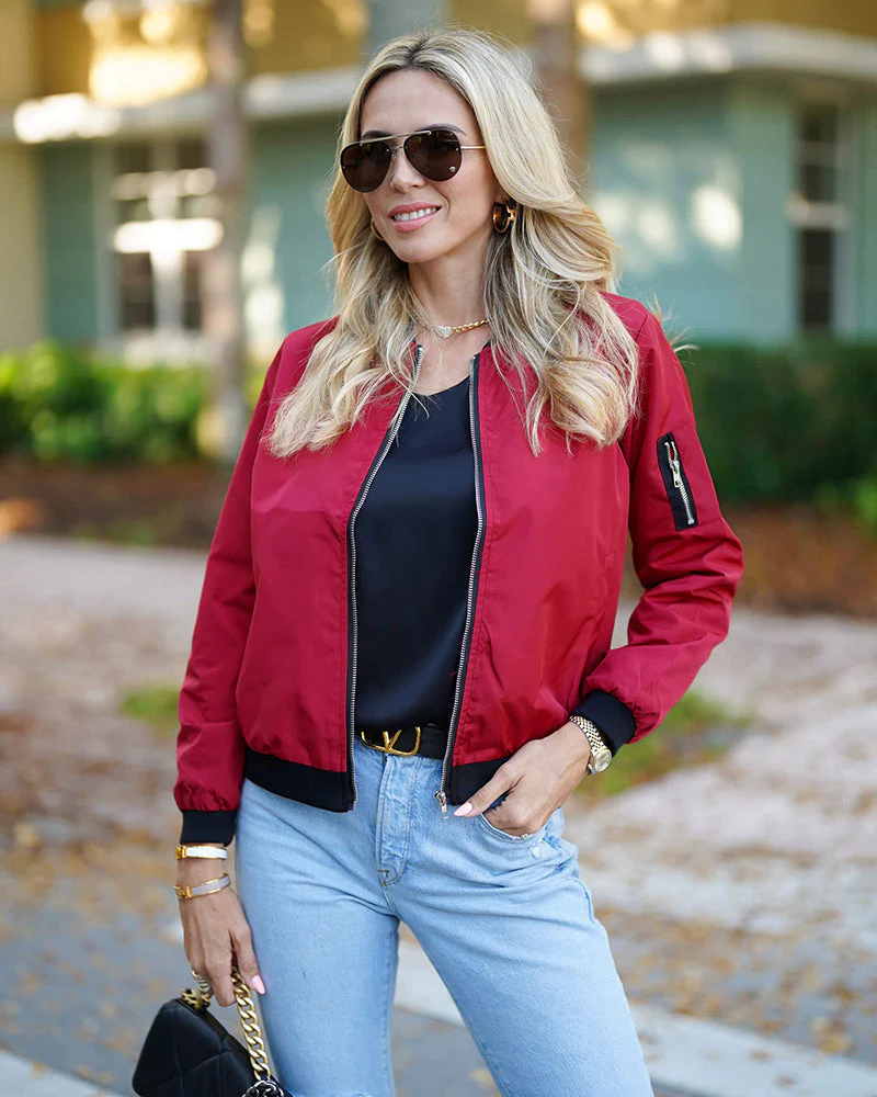 Women's lightweight bomber jacket with zipper closure, ribbed cuffs, sporty casual style for mid-season