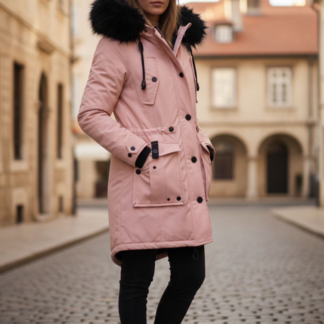 Women's hooded parka with synthetic fur trim hood, zip-button closure, casual winter coat with pockets