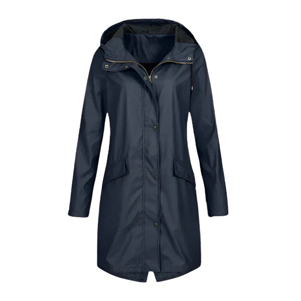 Women's long waterproof hooded raincoat with front zipper and flap pockets windproof protection
