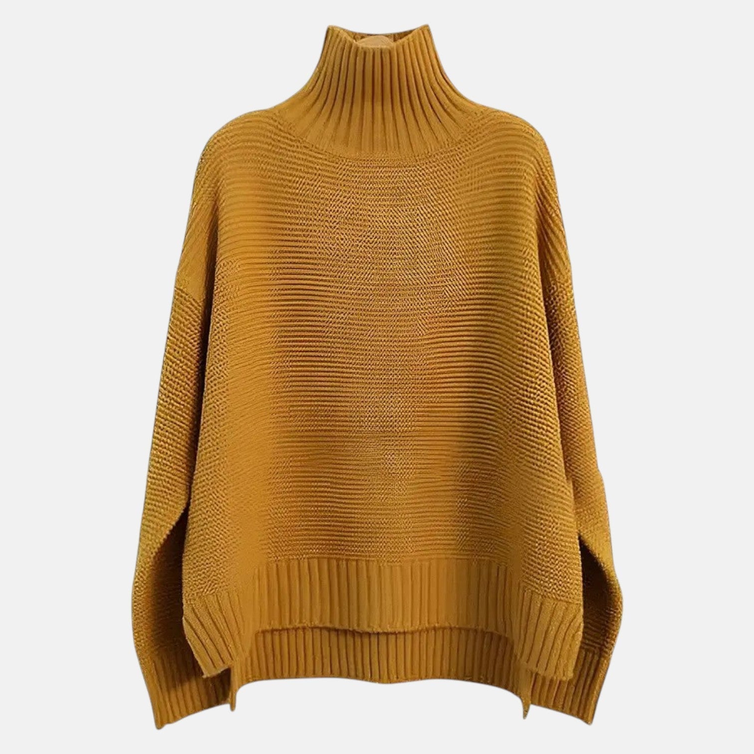 Women's loose wool turtleneck knit sweater in elegant style with high collar for cozy winter warmth
