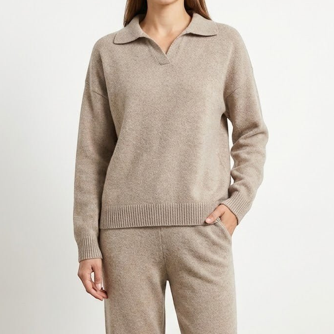 Women's wool two-piece leisure set relaxed fit soft draping silhouette cozy winter lounge outfit