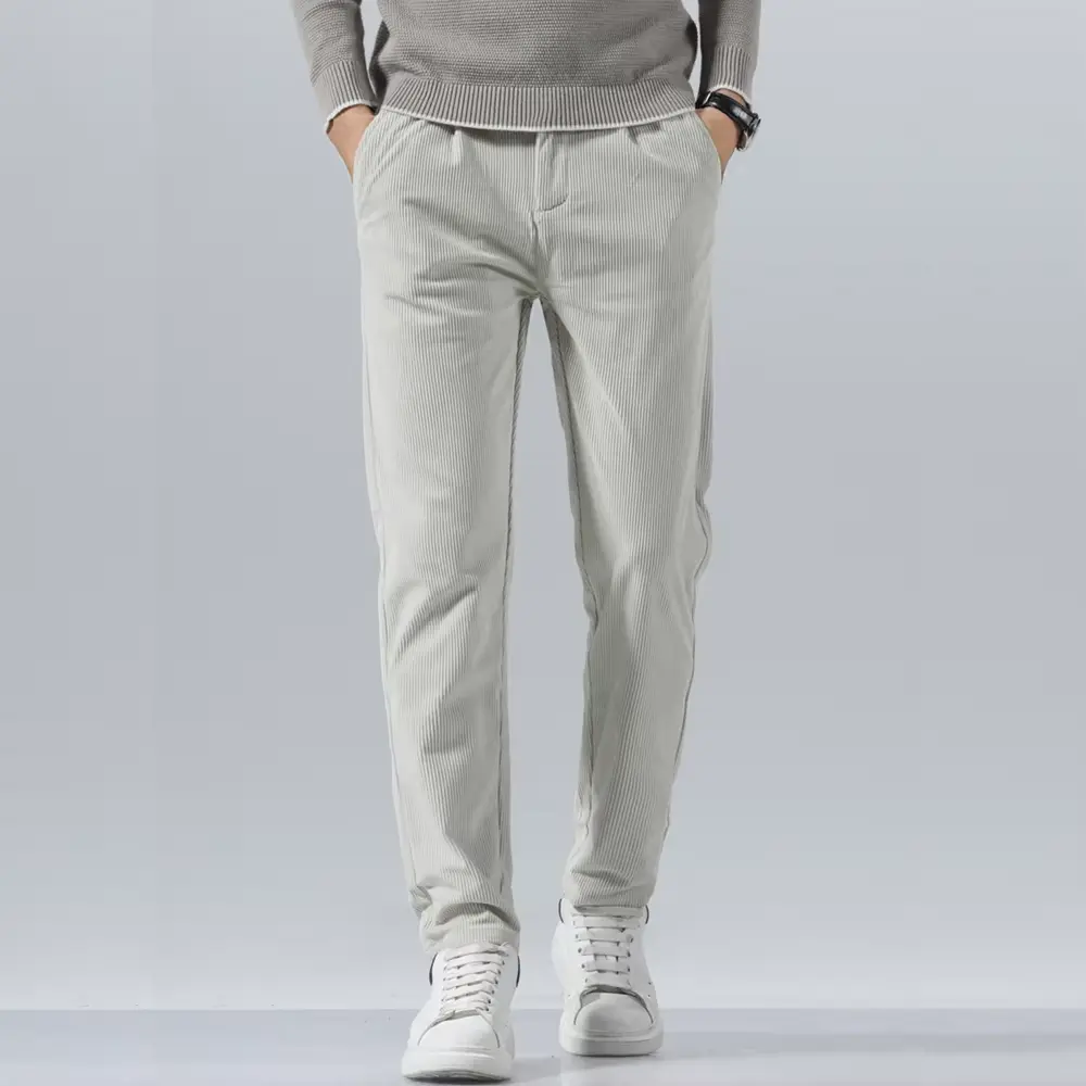 Men's classic fit corduroy pants soft stretch fabric versatile work casual beige slim silhouette