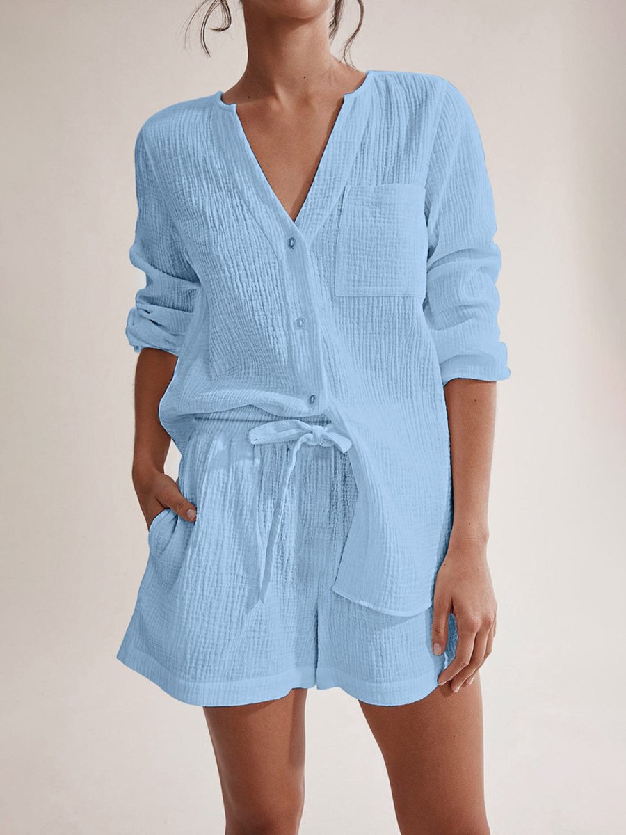 Women's cotton notched long sleeve top and shorts lounge set, relaxed fit two-piece matching outfit