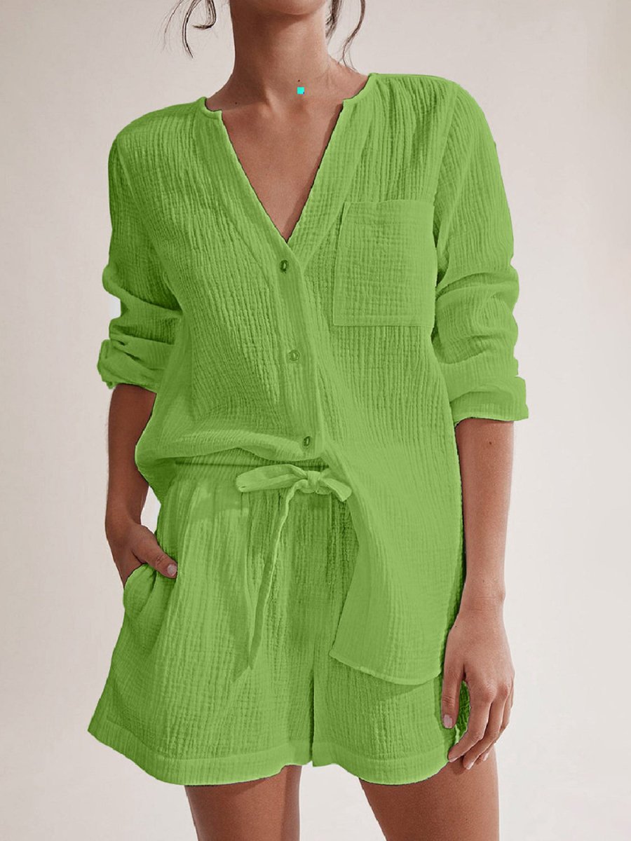 Women's cotton lounge set notched long sleeve top and shorts relaxed cozy two-piece
