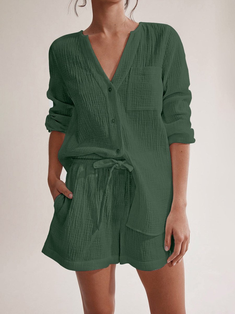Women's cotton notched long sleeve top and shorts lounge set in relaxed two-piece matching style