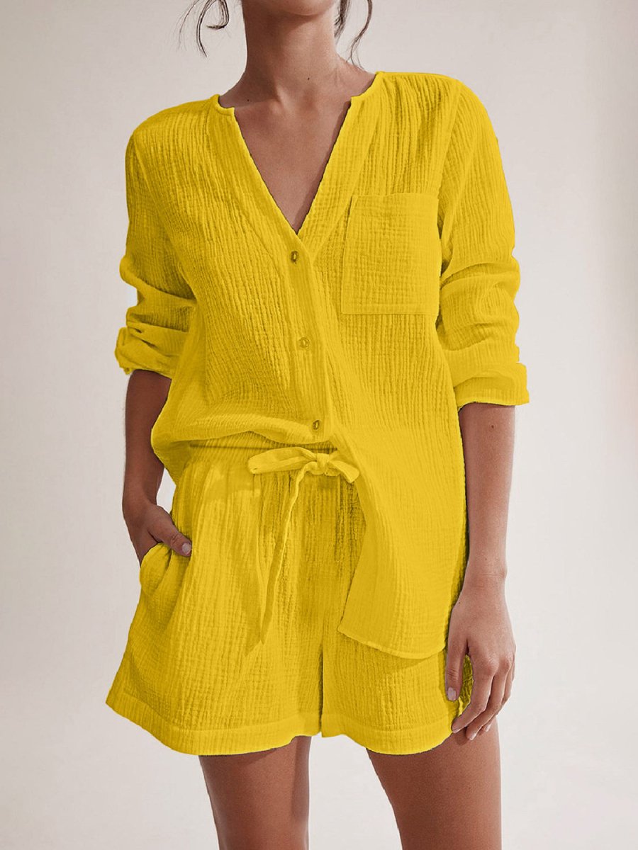 Women's cotton lounge set notched long sleeve top and shorts relaxed cozy two-piece casual style