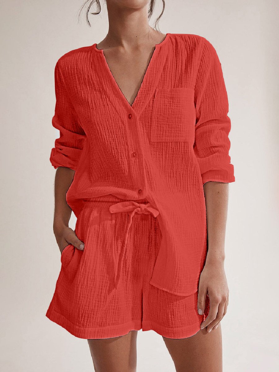 Women's cotton notched long sleeve top and shorts lounge set, relaxed fit two-piece matching outfit
