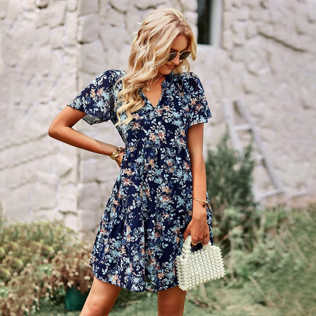 Nova A-line floral print dress V-neck short sleeve lightweight women's summer style flattering silhouette