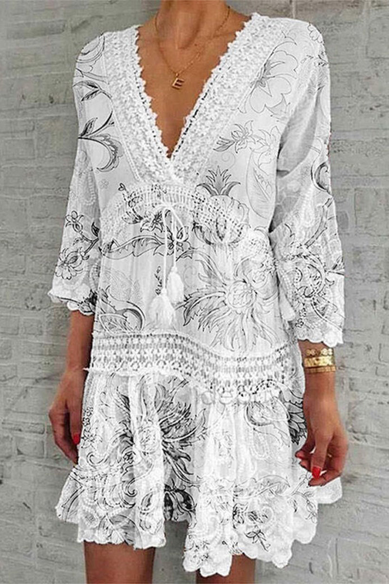Boho mini dress deep V-neck crochet lace bell sleeves relaxed A-line silhouette women