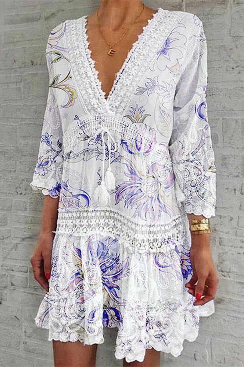 White boho mini dress deep V-neck crochet lace accents bell sleeves relaxed A-line silhouette