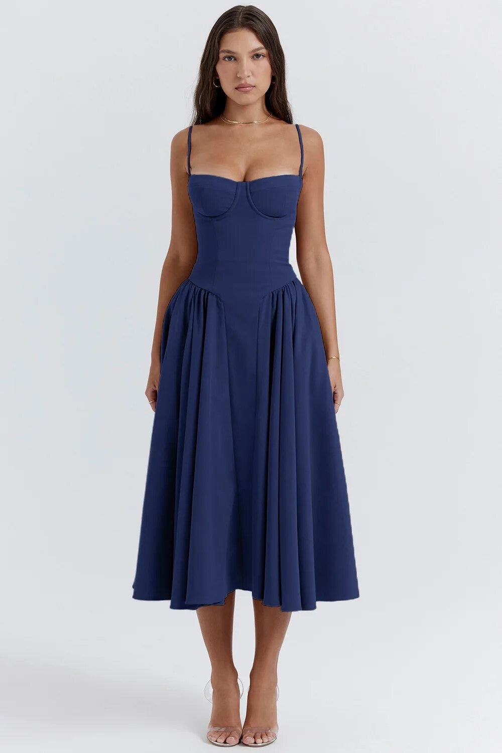 Black corset midi dress with sweetheart neckline, spaghetti straps, and sculpted bodice for women