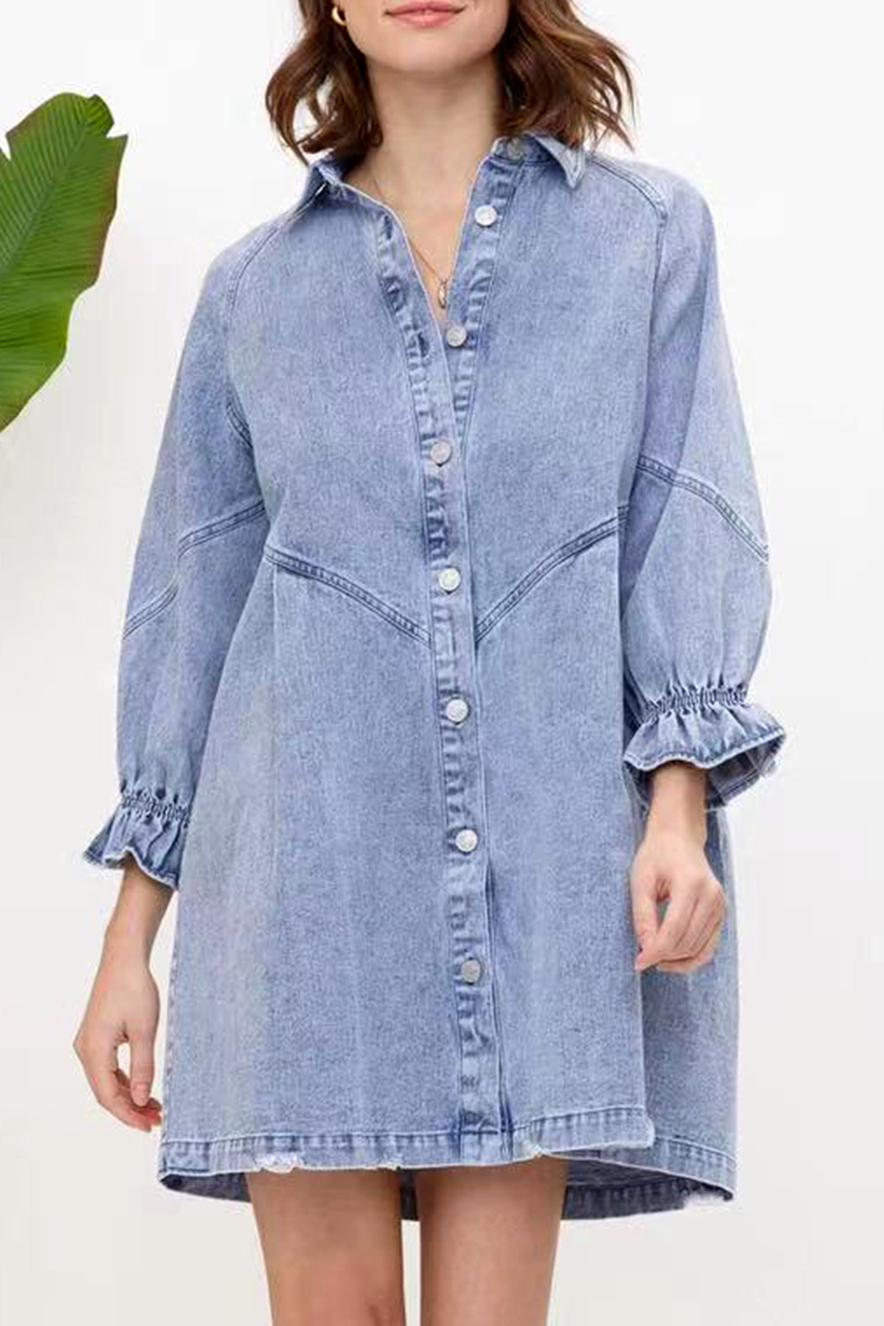 Women's relaxed-fit denim button-down shirt dress with elastic cuffs and structured shoulders