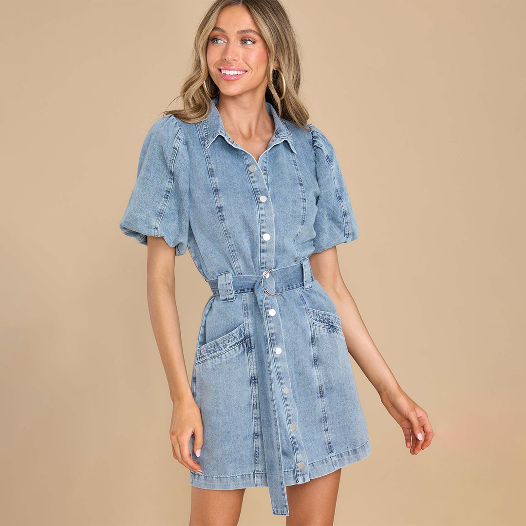 Blue denim shirt mini dress with puff sleeves, belted waist, semi-fitted silhouette