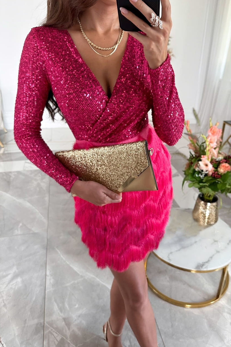 Silver sequin wrap mini dress with V-neck bodice and feather-textured skirt for glamorous evenings